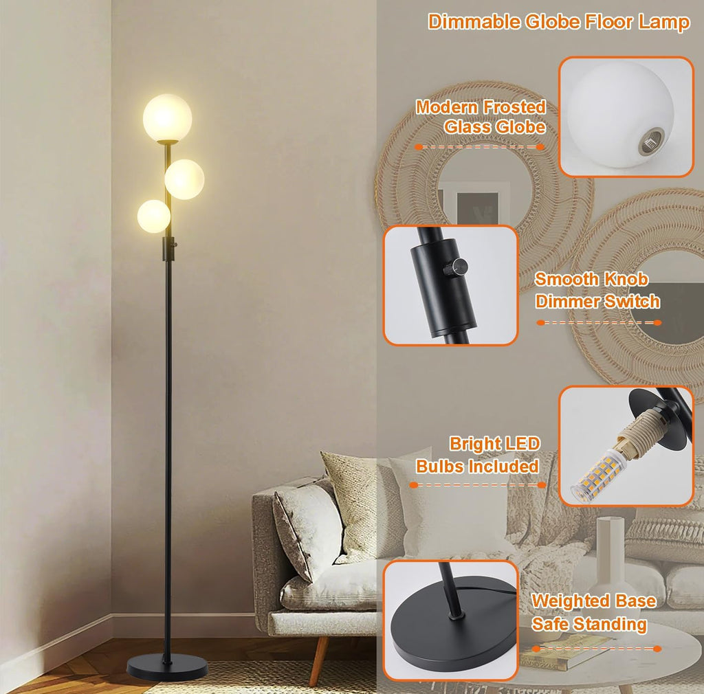 Fiqevs Upgraded Dimmable 3 Globe Mid Century Modern Floor Lamp, 3 x 3000K Warm Light LED Bulbs Included, Matt Black Standing Lamp with…