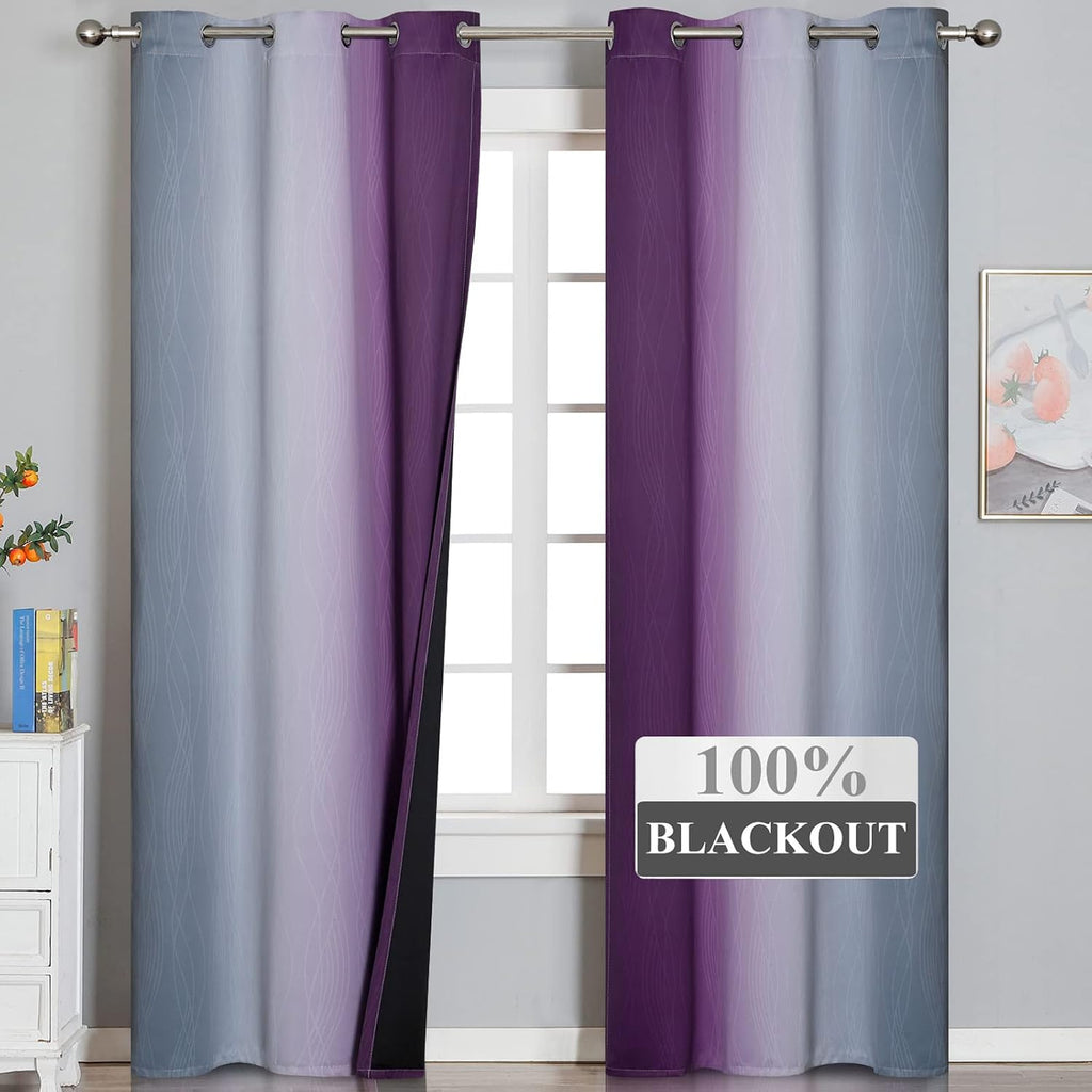 Estelartextiler Purple and Grey Blackout Curtains 84 Inches Long, Ombre and Wavy Line Pattern 100% Blackout Curtains for Bedroom, Full Light…