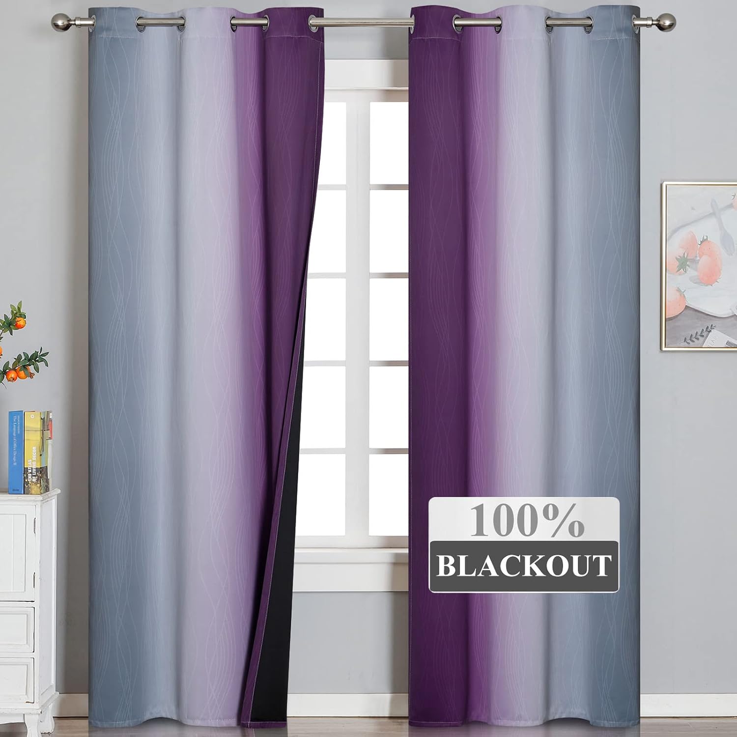 Estelartextiler Purple and Grey Blackout Curtains 84 Inches Long, Ombre and Wavy Line Pattern 100% Blackout Curtains for Bedroom, Full Light…