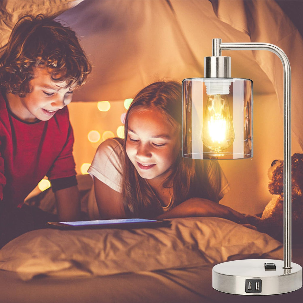 Industrial Touch Control Table Lamps Set of 2 - Brushed Nickel Nightstand Bedside Lamps with 2 USB Ports & AC Outlet, 3-Way Dimmable Desk…
