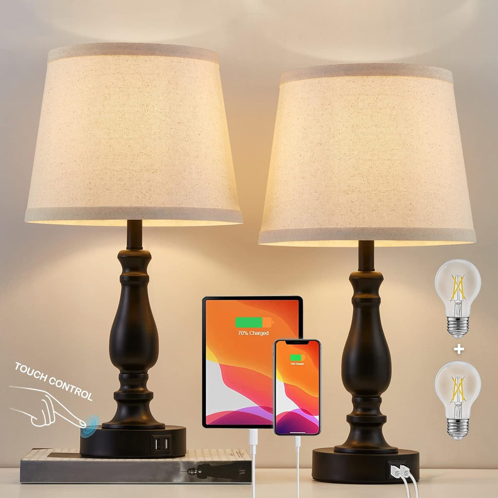 EJIAXIN Lamps for Bedroom Set of 2, Touch Bedside Table Lamp with USB C+A Ports, Dimmable Nightstand Lamps with Round Fabric Linen…