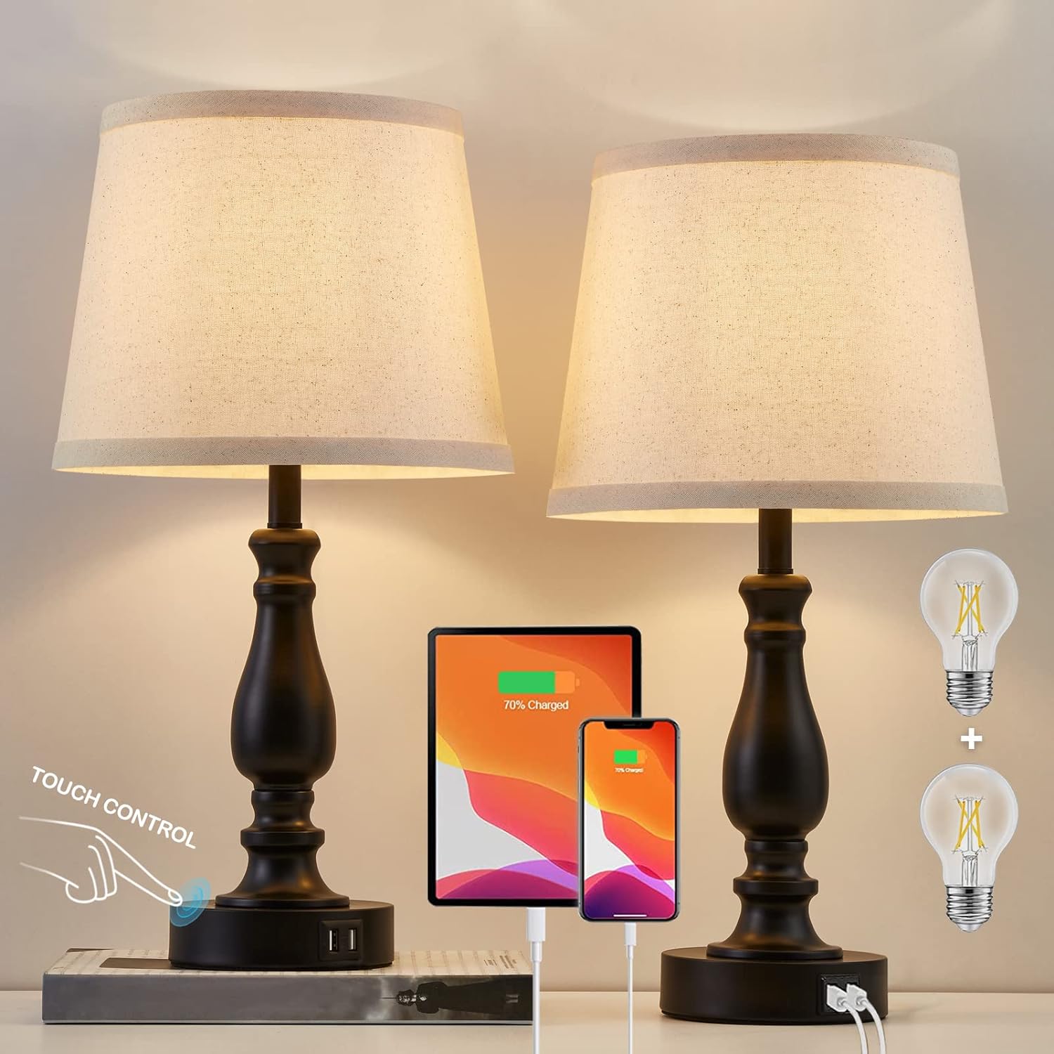 EJIAXIN Lamps for Bedroom Set of 2, Touch Bedside Table Lamp with USB C+A Ports, Dimmable Nightstand Lamps with Round Fabric Linen…