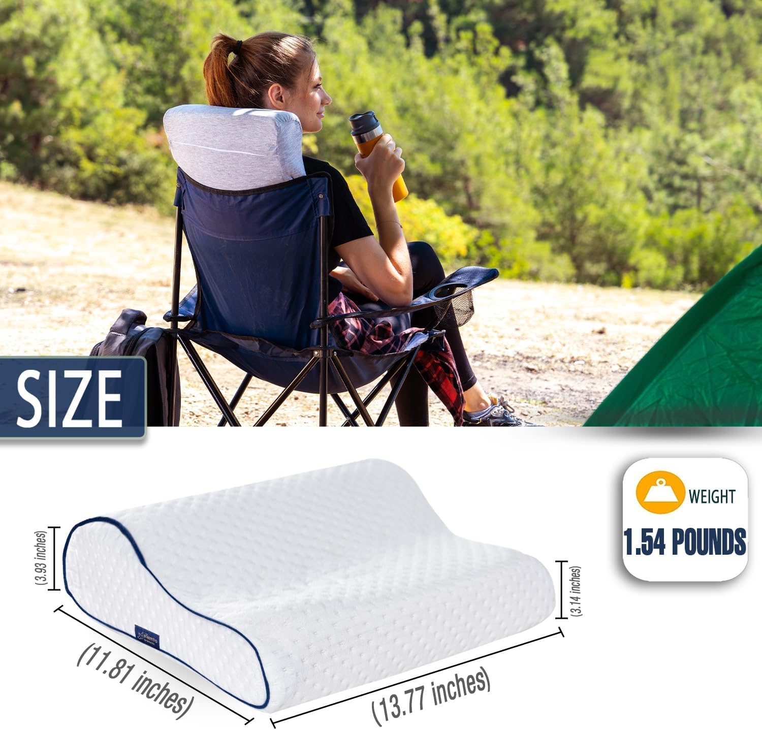 alkamto Travel & Camping Comfortable Memory Foam Pillow – Easy to Carry Portable Bag – Temperature Regulating Pillow Case (White Contour…