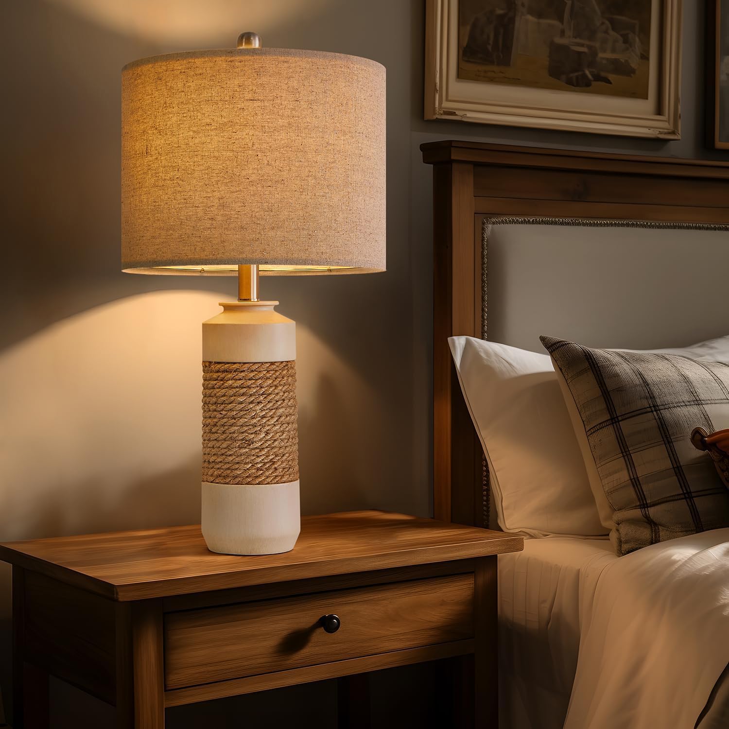 OYEARS 23.75" Bedside Table Lamps Set of 2 for Sleeping and Reading, Vintage Farmhouse Rattan Table Lamp Antique White Resin Lamp for…
