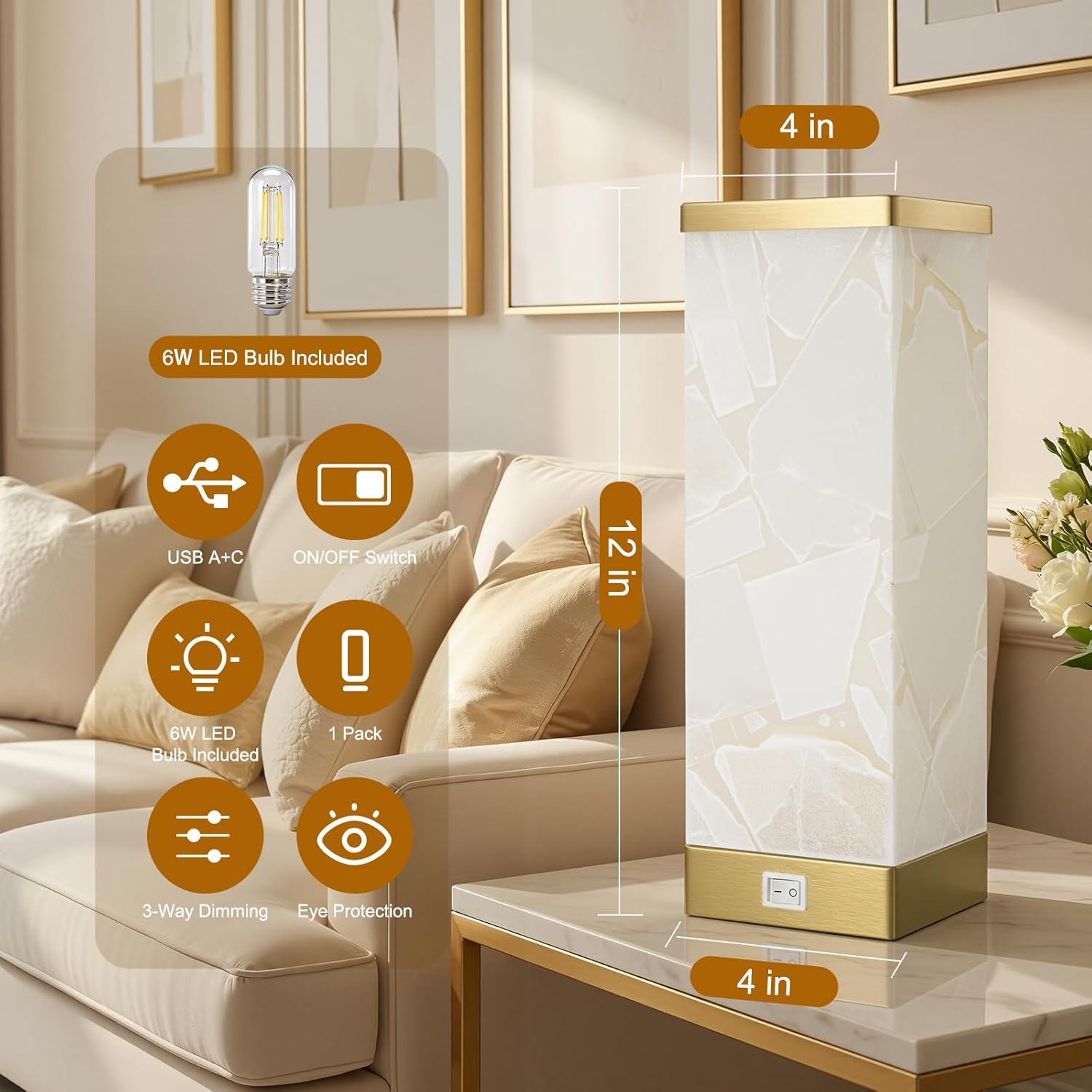 Scenekoy Alabaster Table Lamp for Bedroom Living Room, 3-Way Dimmable Bulb with Memory Function, Modern Bedside Lamps with USB A+C Ports…