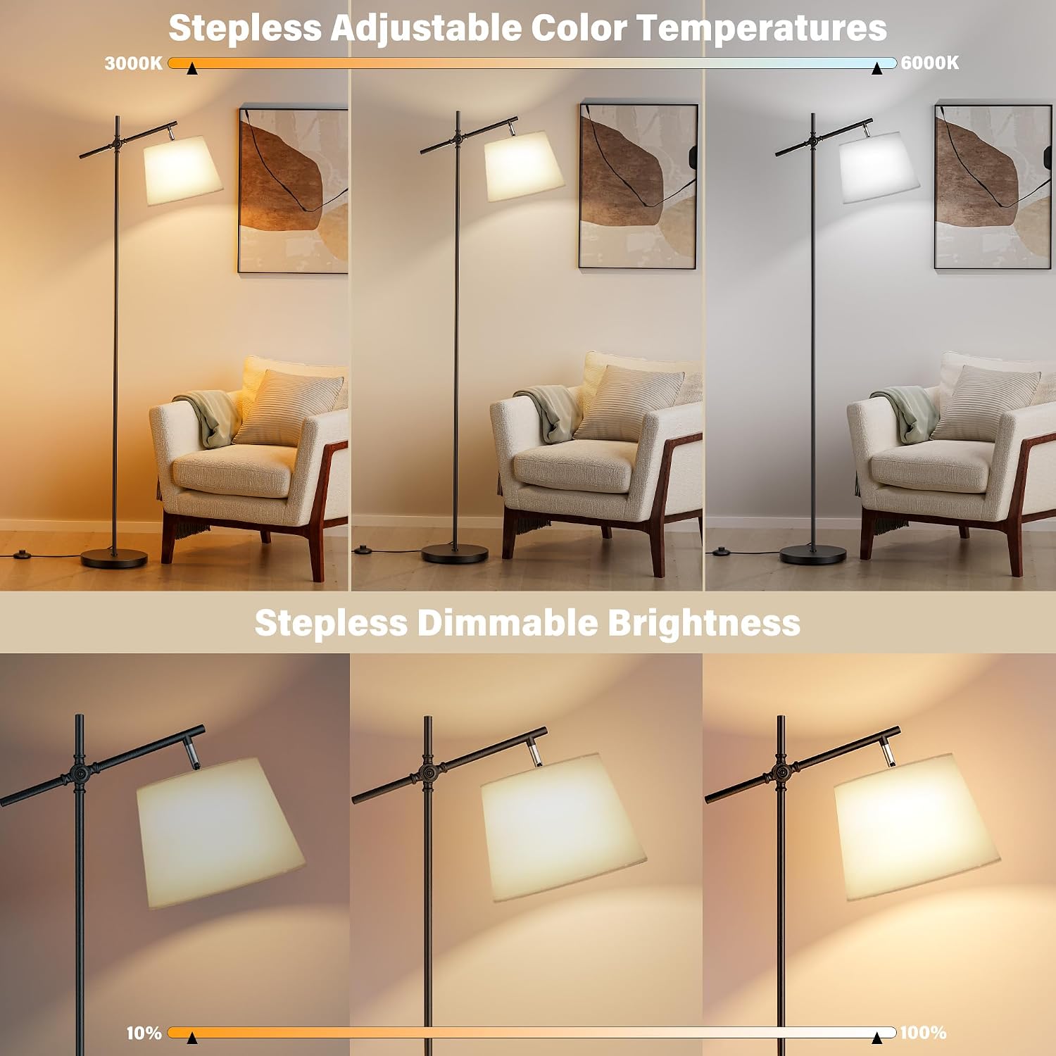 SIBRILLE Floor Lamp with Linen Shade, Dimmable Tall Standing Lamp with Remote Control & 3 Color Temperatures Bulb, Modern Swing Arm Floor…