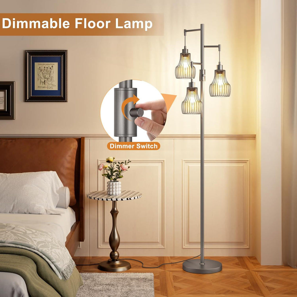 Ziisee Dimmable Floor Lamps for Living Room, Industrial Tree Standing Tall Lamps with 3 Elegant Cage Shade for Bedroom Office - Grey