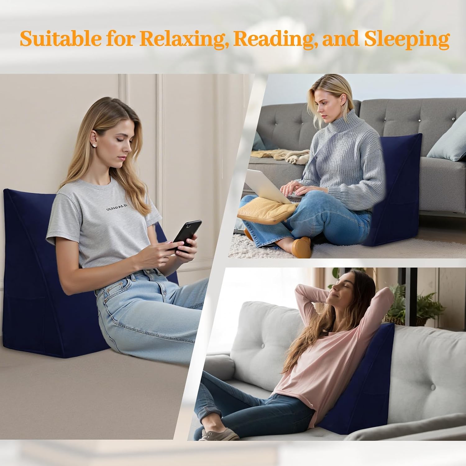 Wedge Headboard Pillow Reading Backrest Pillow for Sitting in Bed Sofa Dorm with Removable Cover Side Pockets Dutch Velvet Fabric Dark Blue