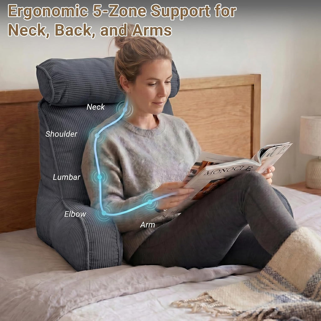 Reading Pillow for Bed with Detachable Neck Roll and Shredded Memory Foam, Back Pillow with Arms for Sitting Up, Washable Bed Rest Pillow…