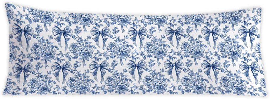 Coquette Blue Bow Chinoiserie Floral Bow 20x54 Body Pillow Cover, Blue and White Home Decor, Grandmillennial Flower Decorative Long Body…