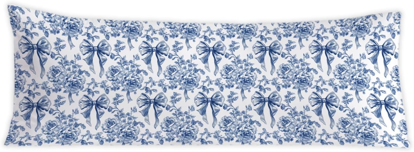 Coquette Blue Bow Chinoiserie Floral Bow 20x54 Body Pillow Cover, Blue and White Home Decor, Grandmillennial Flower Decorative Long Body…