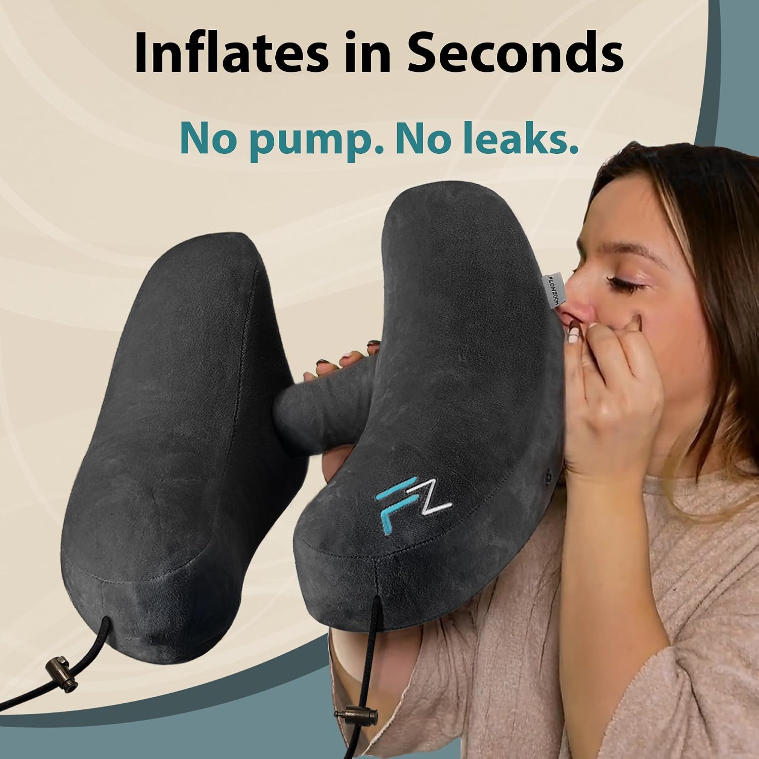 FLOWZOOM Air Inflatable Neck Pillow for Traveling on Plane - H-Shape Hooded Airplane Pillow with 5 Snooze Modes, Fast Inflation, Pressure…