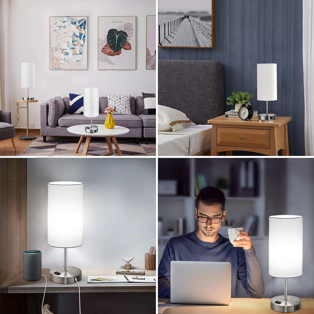 Brightever Set of 2 Touch Control Table Lamps with 2 USB Charging Ports&AC Outlet, 3-Way Dimmable Bedside Nightstand Lamps with White Fabri…