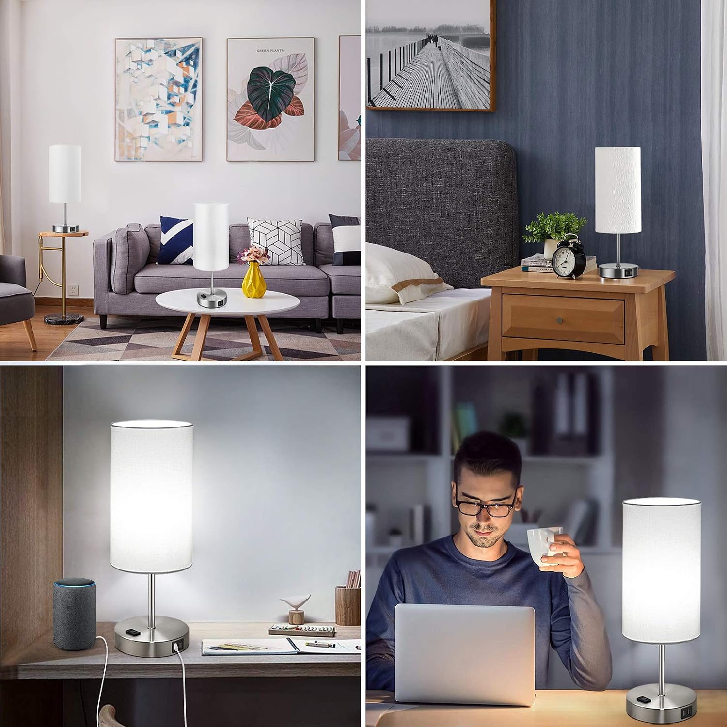 Brightever Set of 2 Touch Control Table Lamps with 2 USB Charging Ports&AC Outlet, 3-Way Dimmable Bedside Nightstand Lamps with White Fabri…