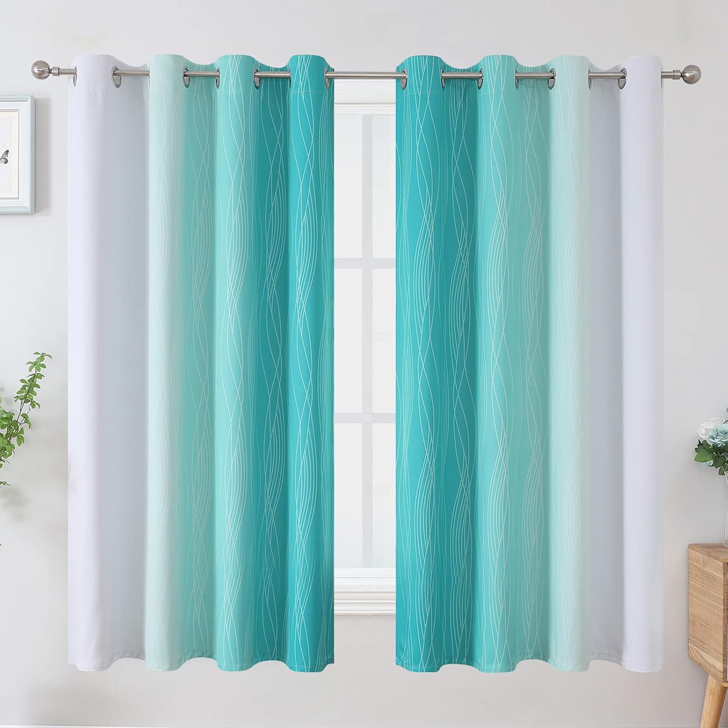 Estelartextiler Estelar Textiler Teal and Greyish White Blackout Curtains 63 Inches Long, Room Darkening Grommet Curtains for Bedroom, Ther…