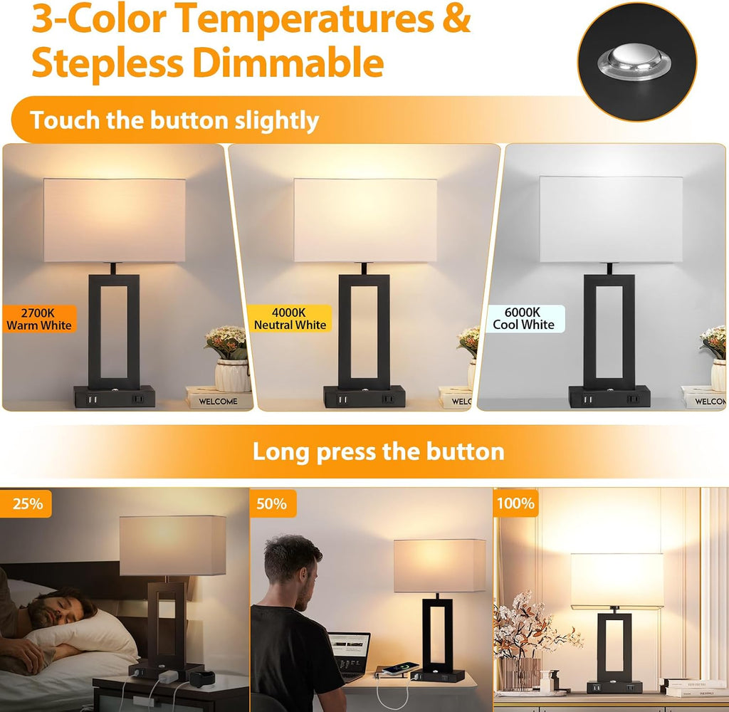 Kondras Set of 2 Table Lamps for Bedrooms, 3-Color Temperatures Touch Control Bedside Lamps with 2 USB Ports&AC Outlet, Stepless Dimmable…