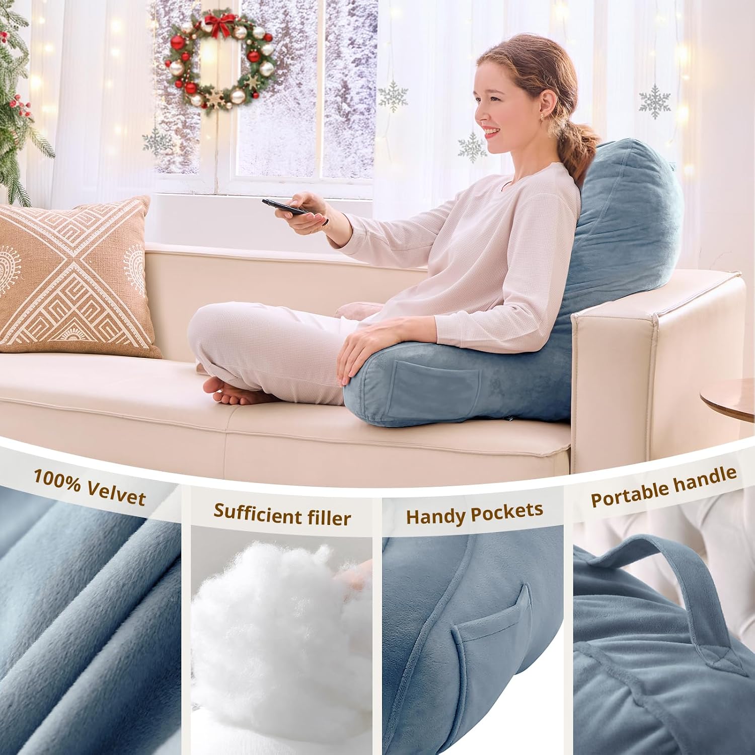 Sasttie Reading Pillow, Pillows for Reading or Relaxing – Ergonomic Support for Head, Neck, Back, and Lumbar, 23-Inch, Greyish Blue Blue