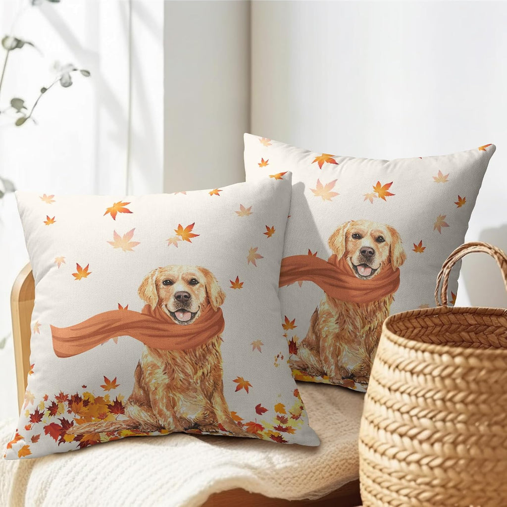 Golden Retriever Dog Fall Throw Pillow Cover Autumn Maple Leaves Farmhouse Pillowcase Cute Pet Modern Thanksgiving Decorative Pillow…