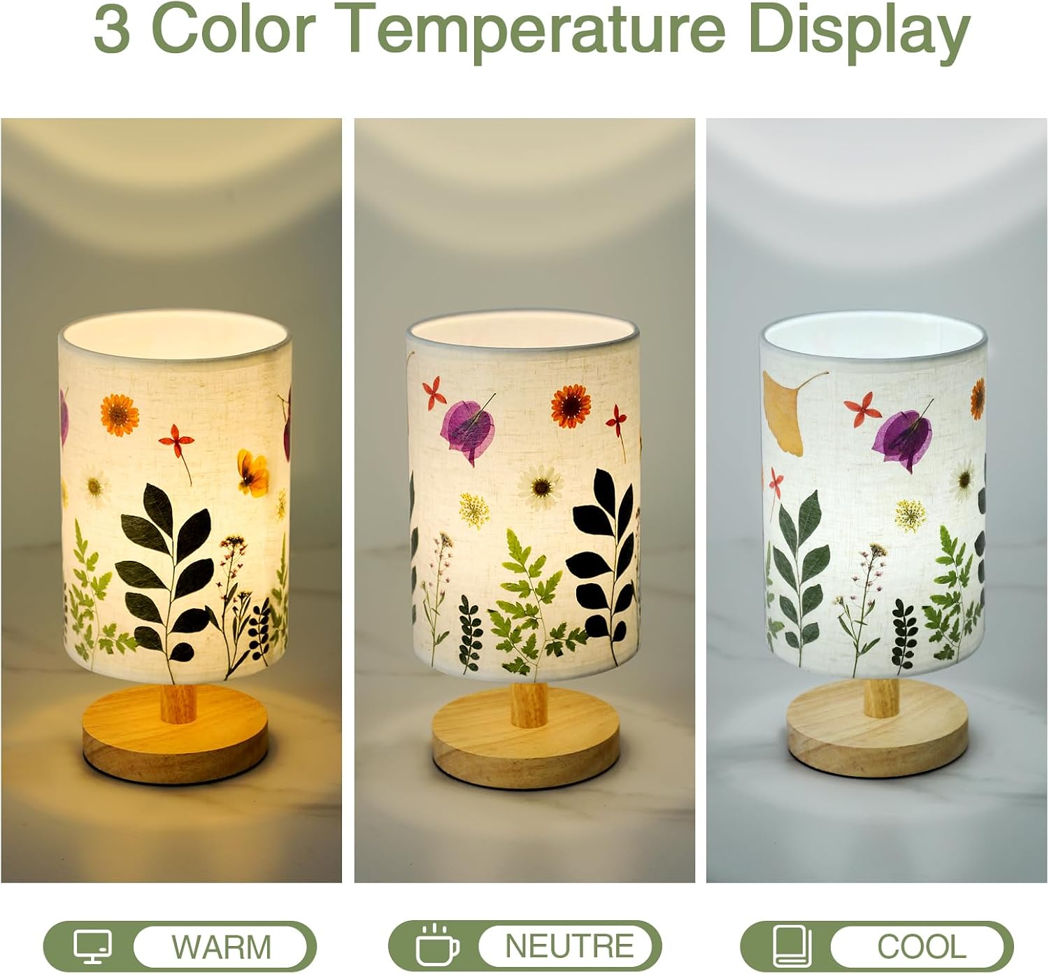 Pressed Flowers Table Lamp 5W LED 3Color Temperatures Dried Flower Bedside Lamp Linen Shade with Wood Base for Bedroom Living Room Desk…