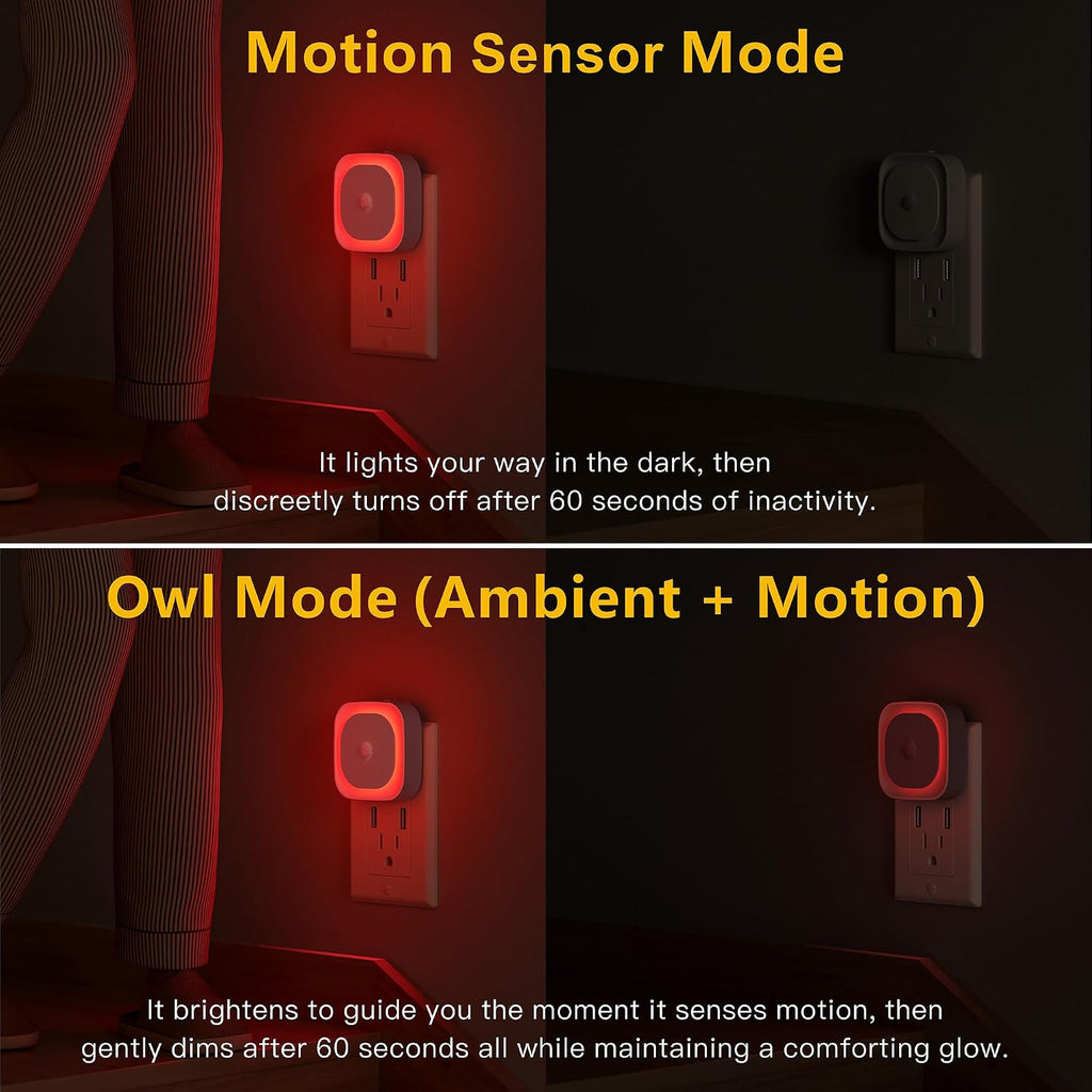 YUNLEX 2 Pack Plug in Red Sleep Night Light with Motion Sensor & Dusk to Dawn Sensor, Soft Glow, 0% Blue Light, Dimmable, Auto On/Off…