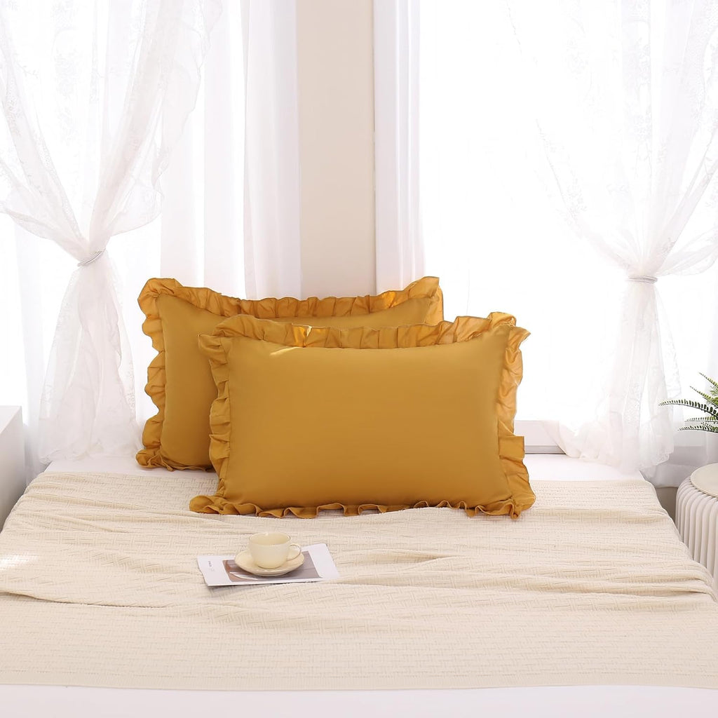 Merryword Mustard Yellow Pillowcases King Pillowcases Set of 2 Ruffle Pillow Shams Cute Pillow Covers Solid Ruffled Fringe Design Yellow Sh…