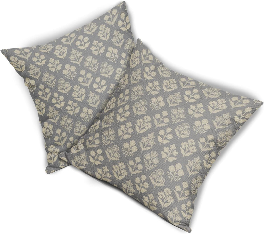 Grey Gray Floral Block Print Pillow Covers 20x20 Inch Set of 2, Vintage Flower Pattern Decorative Throw Pillowcases Outdoor Farmhouse…