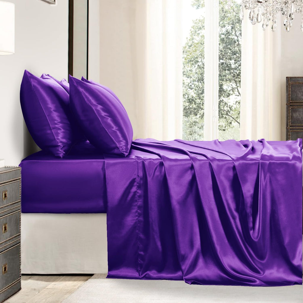 Golal Satin Sheets Queen Size - 6 Pieces Luxury Silky Soft Bed Sheets, Wrinkle-Free Dark Purple Satin Silk Sheet Set with 1 Deep Pocket Fit…