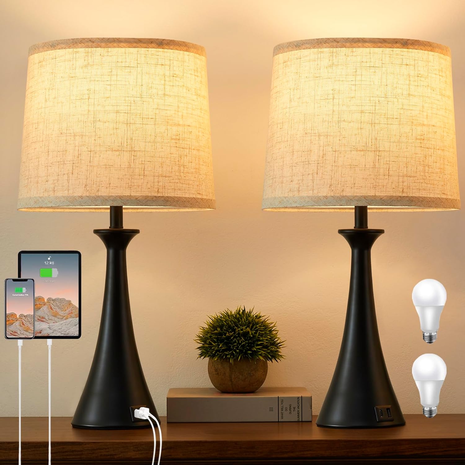 Touch Lamp for Living Room Bedroom, 21" Table Lamps Set of 2 with USB C+A Ports, Touch Bedside Lamps for Nightstand with 3 Way Dimmable…