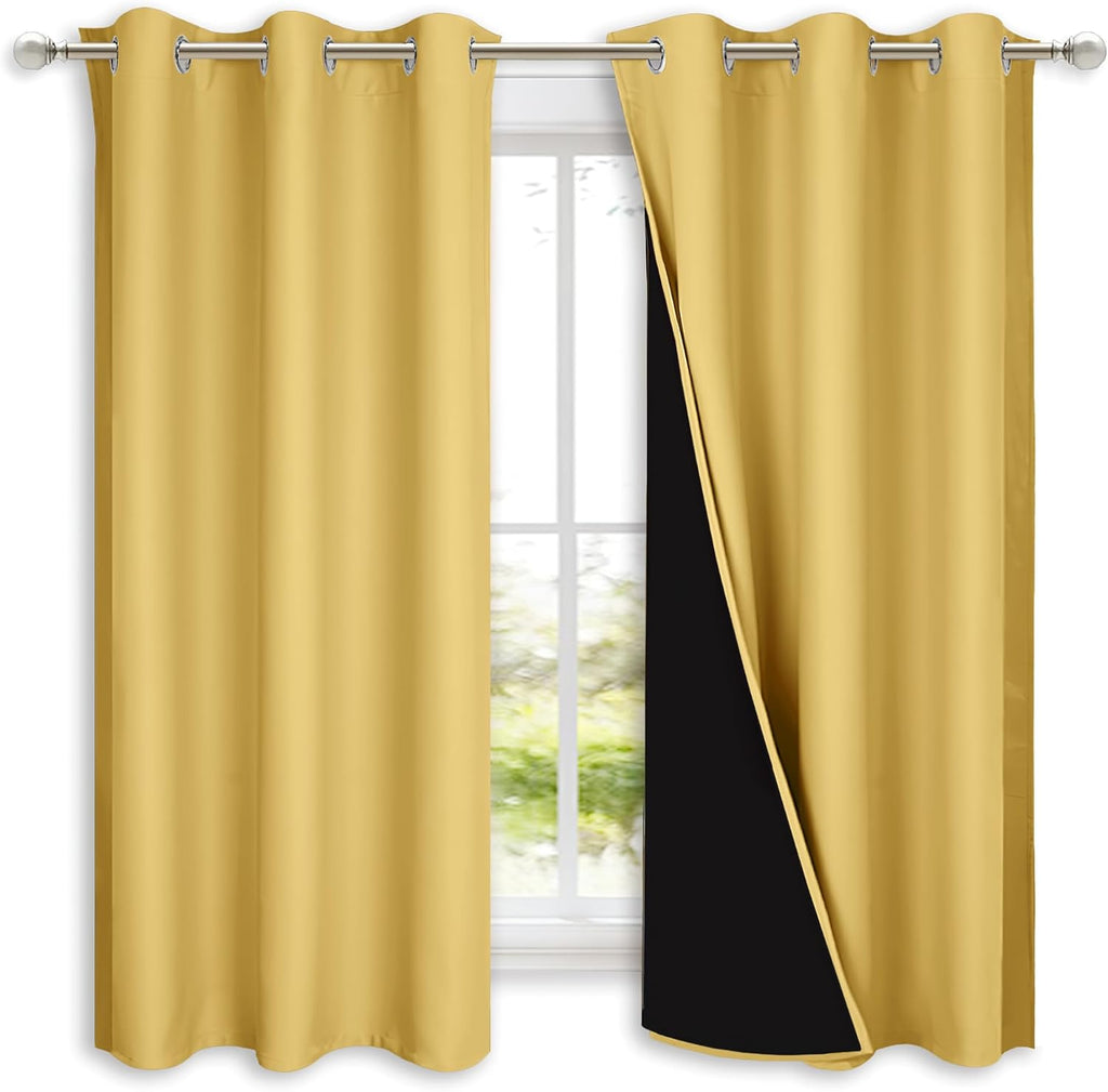 Nicetown 100% Blackout Curtains with Black Liners, Solid Thermal Insulated Full Blackout 2-Layer Lined Drapes, Energy Efficiency Window Dra…