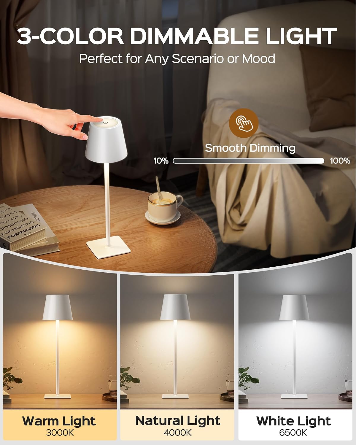 JACKYLED Cordless Lamp DIY Height, 3 Color Stepless Dimming, 5000mAh Battery Operated Lamp Portable Rechargeable for Bedroom Dinning…