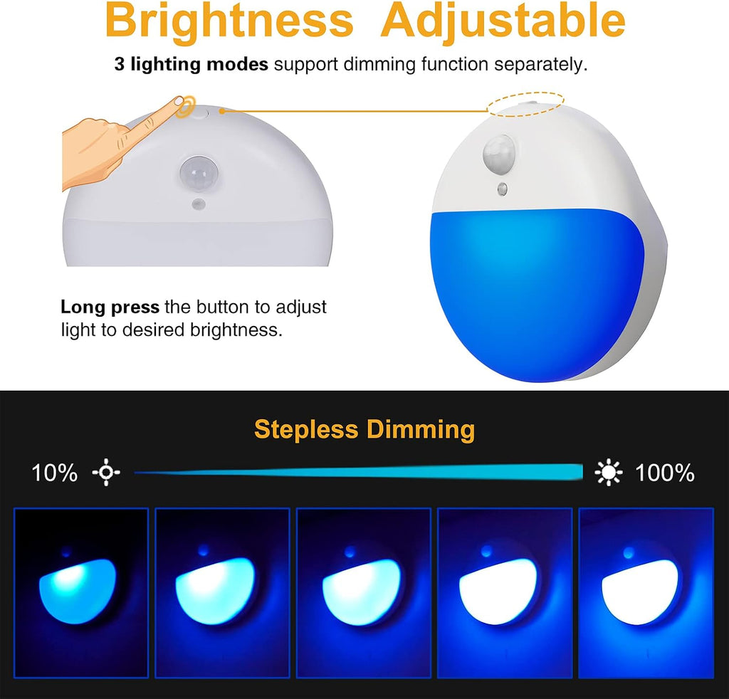 YUNLEX 2 Pack Blue Battery Night Light, Motion Activated Stick on Lights, 2.6" Small Travel Night Light, 3 Light Modes, Very Dim…
