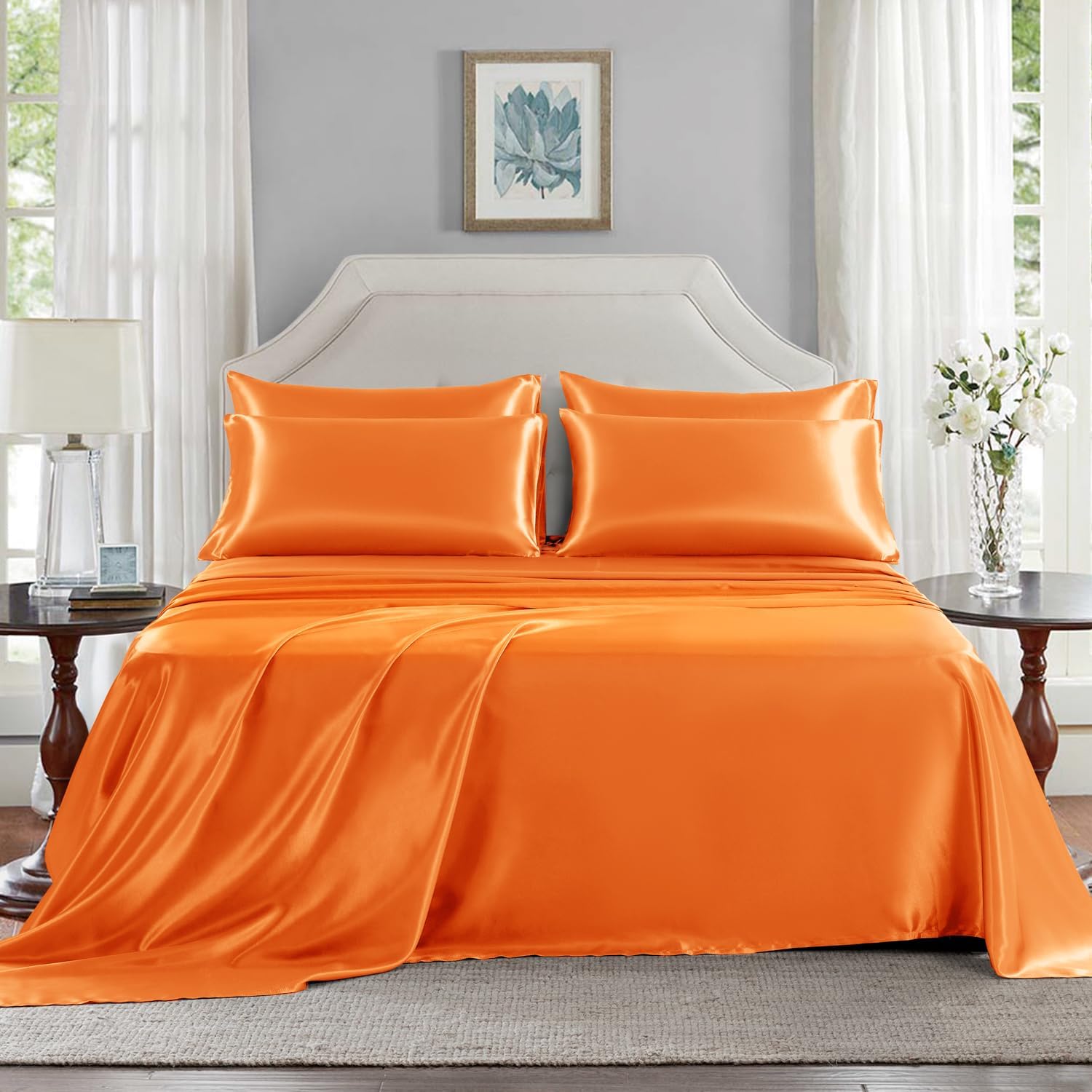 Golal Satin Sheets Queen Size - 6 Pieces Luxury Silky Soft Bed Sheets, Wrinkle-Free Burnt Orange Satin Silk Sheet Set with 1 Deep Pocket Fi…
