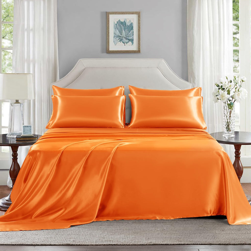 Golal Satin Sheets King Size - 6 Pieces Luxury Silky Soft Bed Sheets, Wrinkle-Free Burnt Orange Satin Silk Sheet Set with 1 Deep Pocket Fit…
