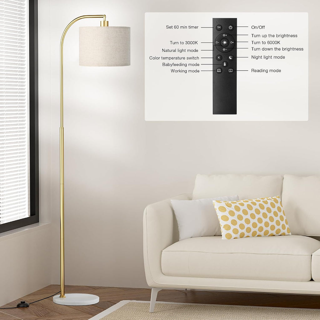 Ambimall Arc Floor Lamp with Remote and Stepless Dimmable Bulb, Colors Temperature & Brightness Adjustable, Gold Pole & Marble Base Gold