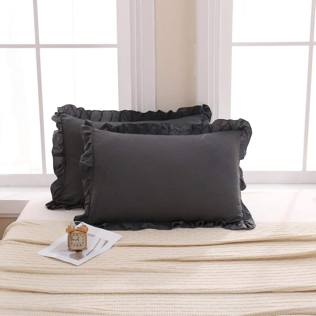 Merryword Dark Gray Pillow Shams Reversible Pillowcases Cute Pillow Cover Set of 2 Soft Shabby Chic Ruffled Pillowcases 2 Pack (Queen (20''…