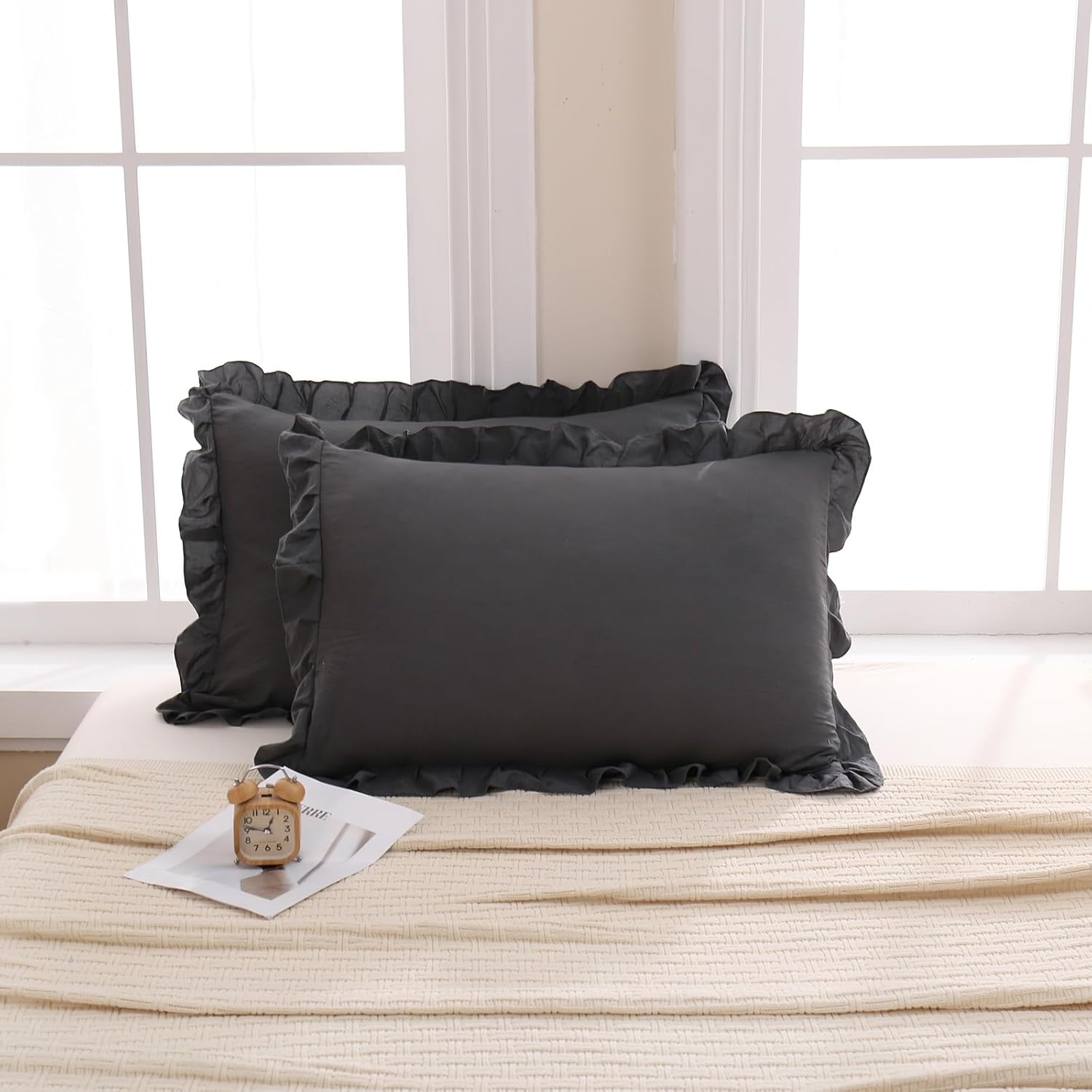 Merryword Dark Gray Pillow Shams Reversible Pillowcases Cute Pillow Cover Set of 2 Soft Shabby Chic Ruffled Pillowcases 2 Pack (Queen (20''…