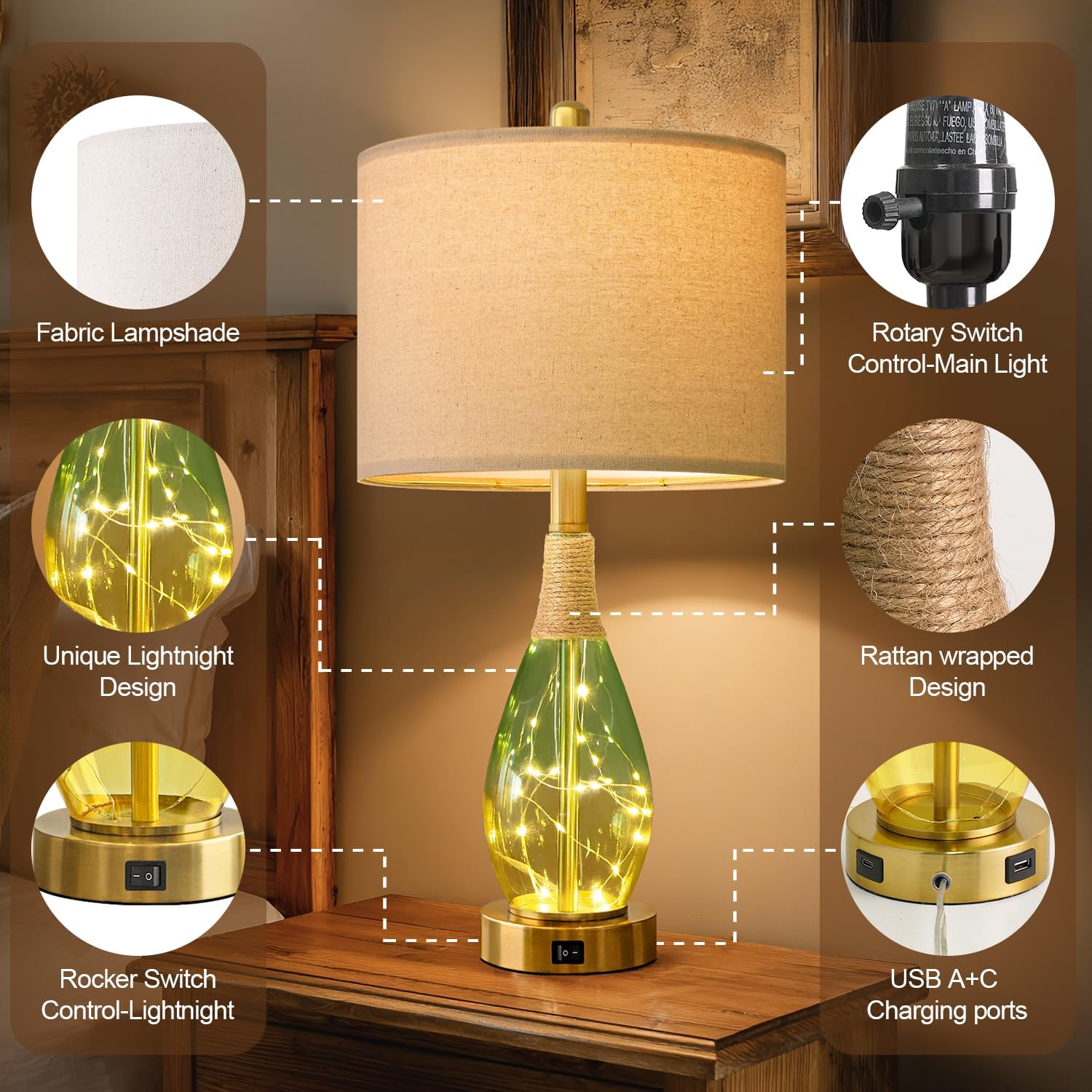 OYEARS 23" Table Lamps Set of 2, Farmhouse Lamps with Glass Nightlight, Bedside Lamps for Living Room, Rattan Lamps for Bedroom…