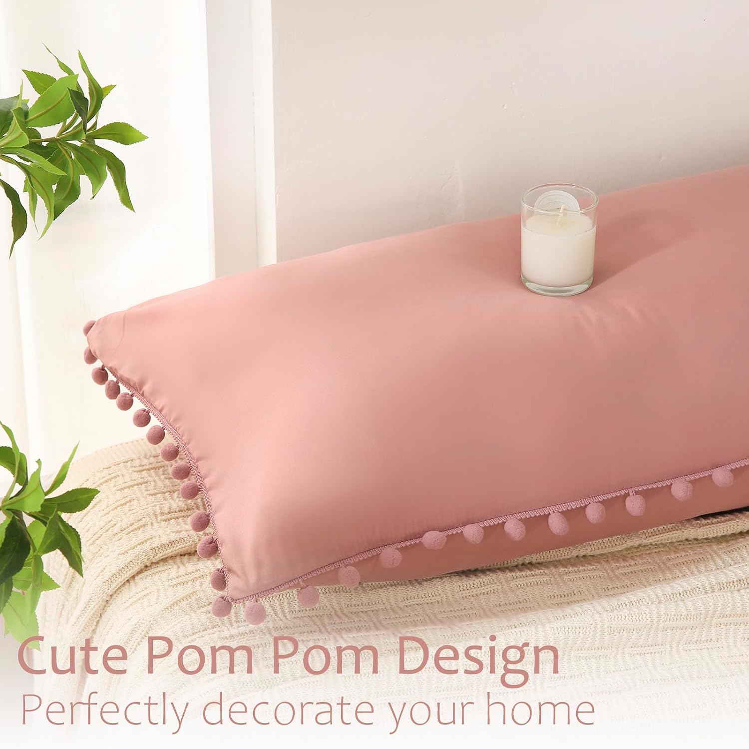 Moveover Bean Paste Pink Pom Poms Pillowcases, Standard Queen Pillow Cases Set of 2, 100% Washed Microfiber, Pink Ball Fringe Pillow Cover,…