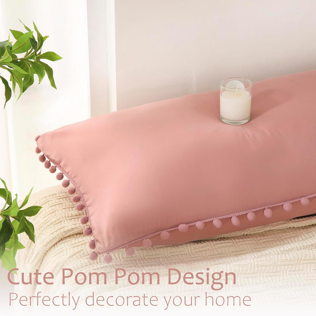 Moveover Bean Paste Pink Body Pillow Cover 20x54 Body Pillow Cover Cute Pom Poms Fringe Design Boho Chic Decor Long Pillow Case Cover with…