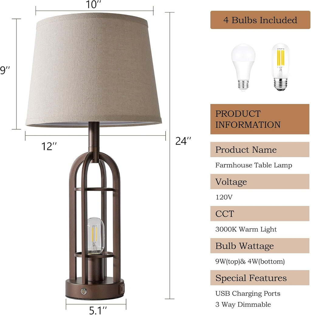 SRJJA 24" Table Lamps for Living Room Set of 2, Rustic Farmhouse 3-Way Dimmable Touch Industrial Bedside Lamps with USB A+C for Bedroom…