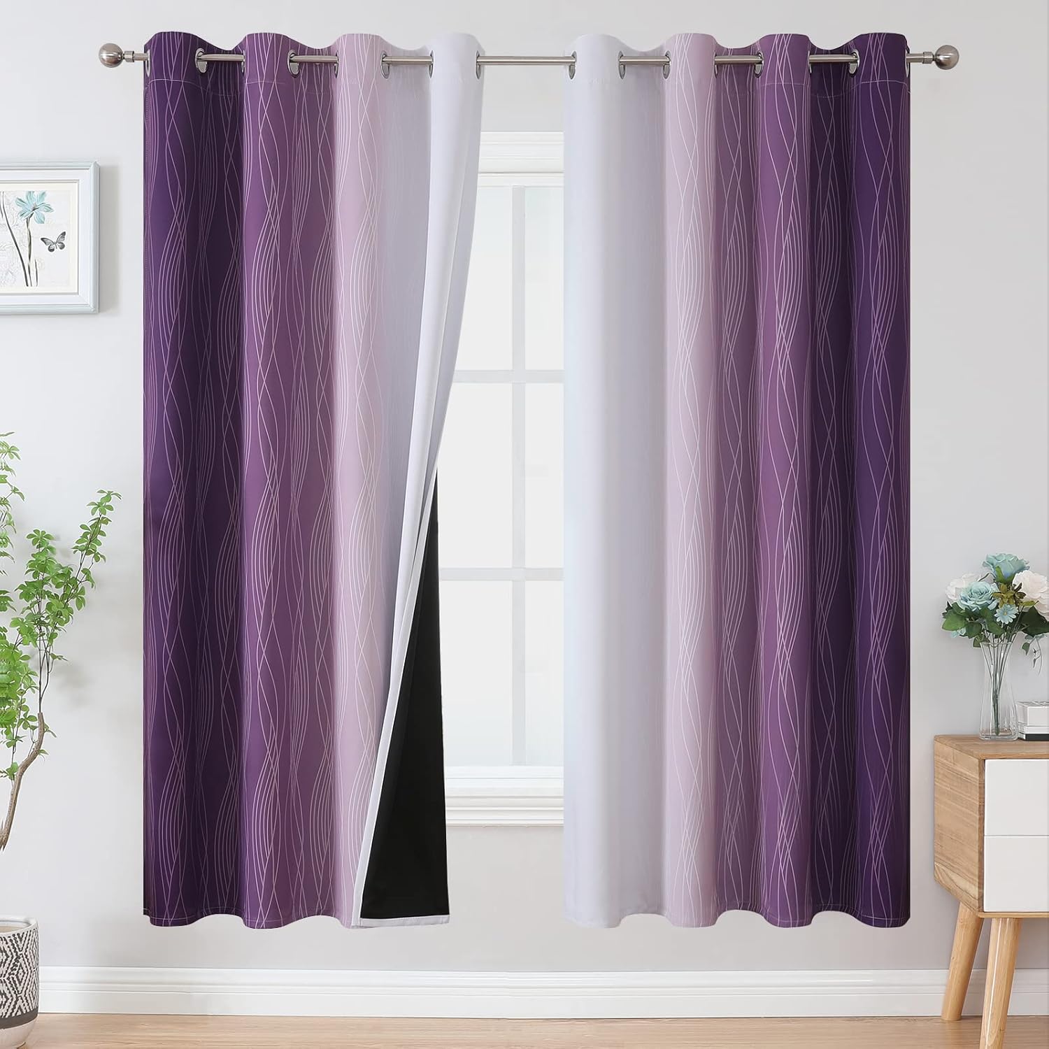 Estelartextiler Estelar Textiler Purple and Greyish White Blackout Curtains 72 Inch Length 2 Panels Set, Room Darkening Grommet Ombre Curta…