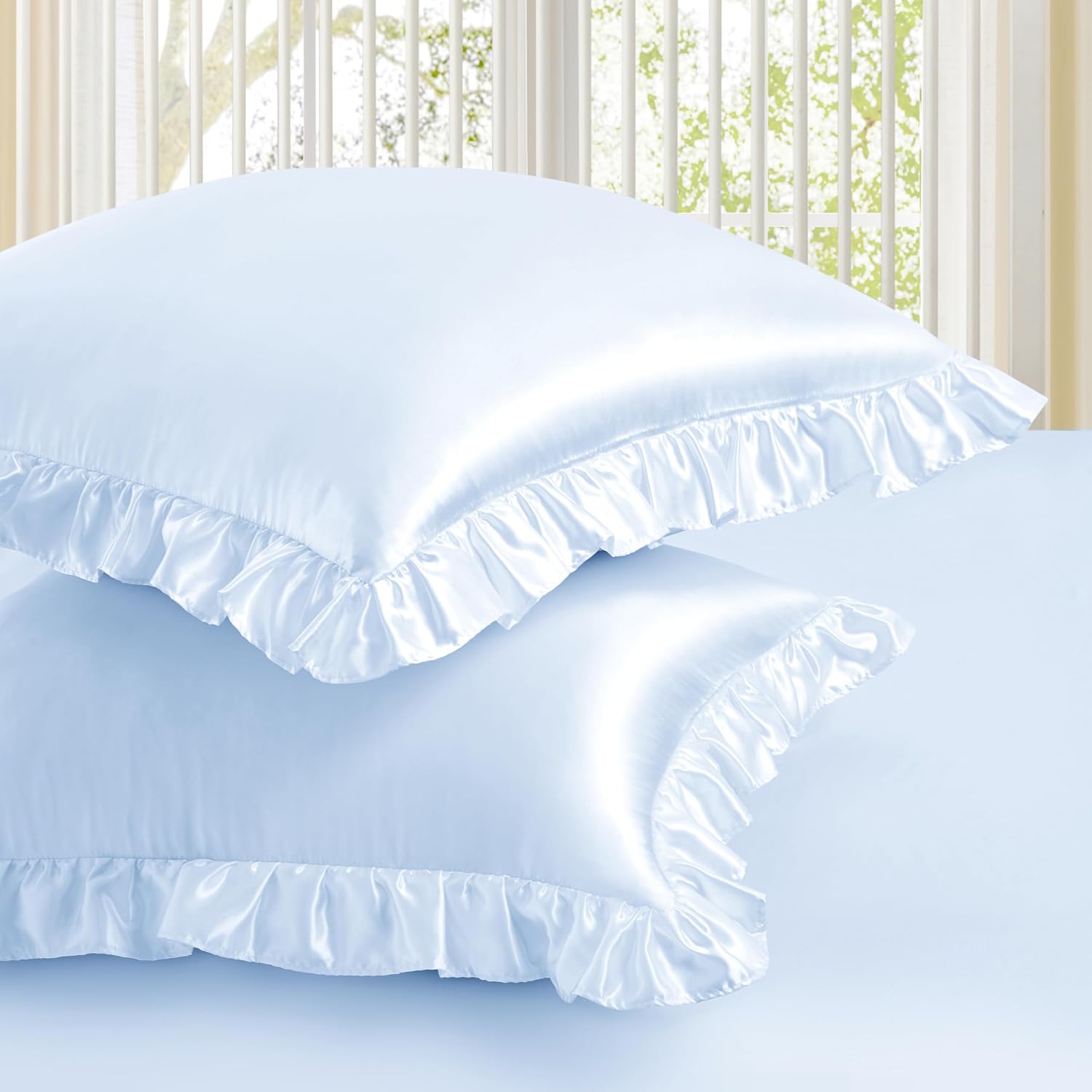 Homiest Ruffle Euro Sham Covers 26x26 Inch Set of 2, Baby Blue Satin Pillow Shams with 3 Inch Wide Decorative Ruffled, European Square…
