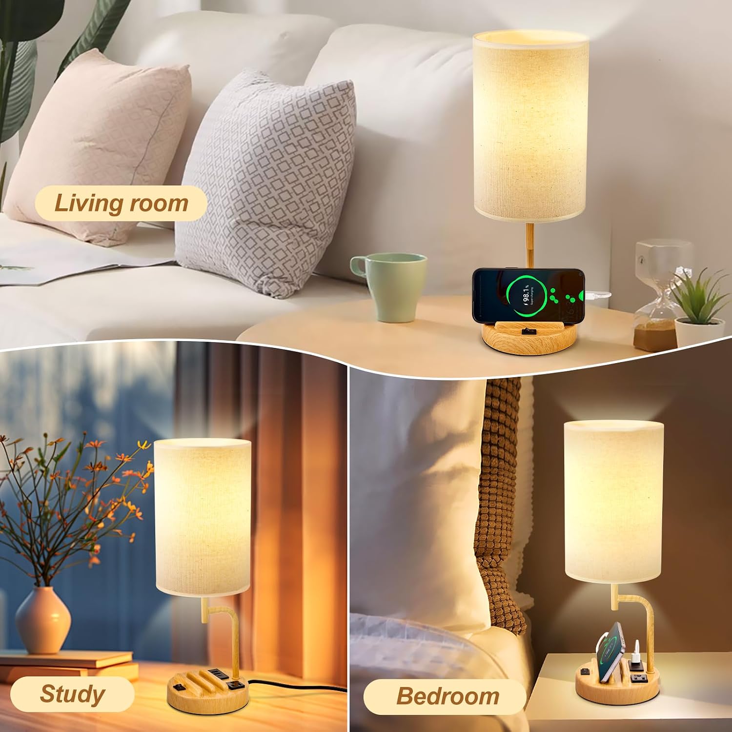 Dreamholder Table Lamp with 3 USB Charging Ports, Modern Desk Lamp with AC Outlet and Phone Stands, Perfect Bedside Lamp for Bedroom…