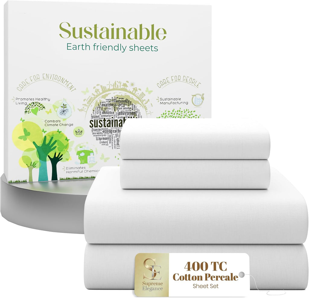 SupremeElegence SUPREME ELEGANCE 4 Pcs 100% Cotton Full Size Sheets Set, Snow White, 400 Thread Count, Percale Weave, Cooling, Crisp Hotel…