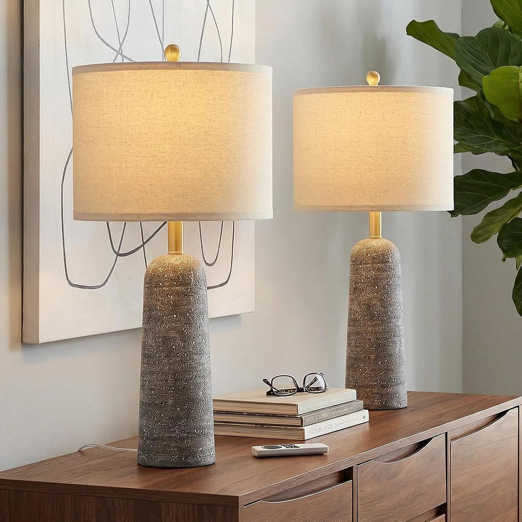 BOBOMOMO 27.25" Modern Table Lamp Set of 2, Light Grey Resin Table Lamps with Stone Look, Lamps for Living Room with Linen Shades…