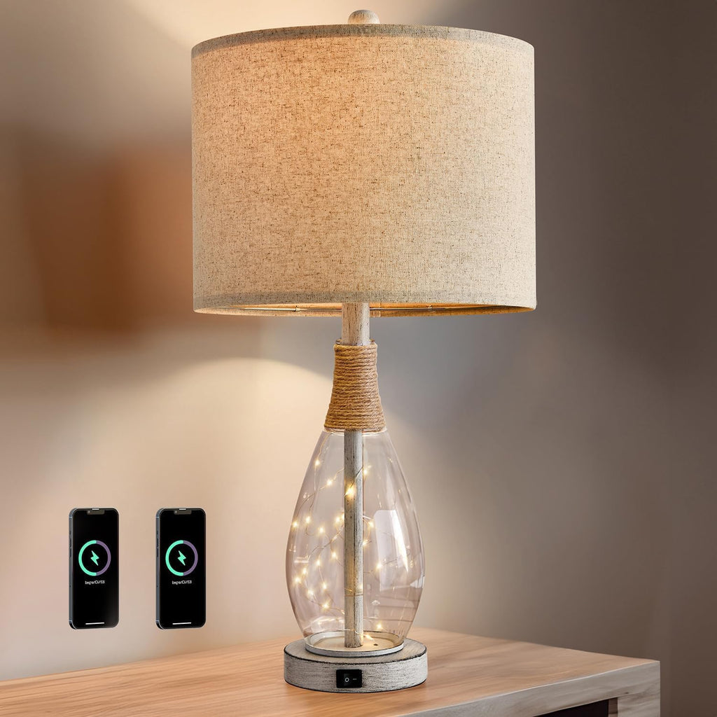 OYEARS 23" USB A+C Table Lamp for Bedroom Living Room Modern Bedside Lamps Retro Farmhouse Rattan Glass Nightstand Nightlight Lamps…
