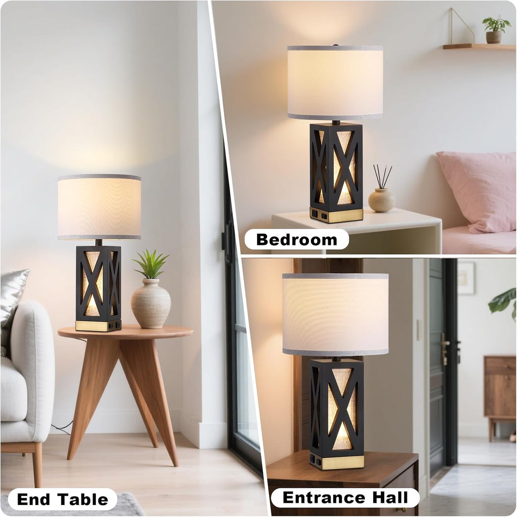 Set of 2 Wood Table Lamp with 3 Color Temperatures, Nightstand Table Lamp with AC Outlet, USB A & C Charging Port, Bedside Lamps for…