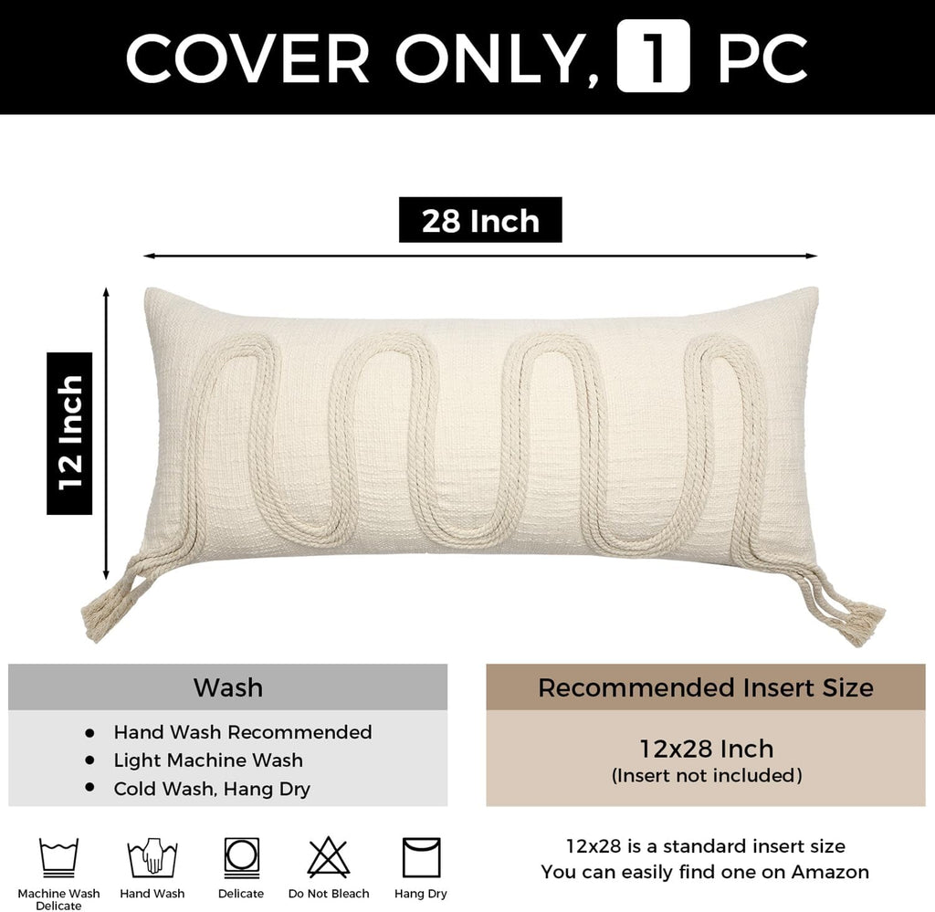 Aibuhome Beige Decorative Lumbar Pillow Cover 12x28, Handwoven Boho Long Body Pillowcase, Farmhouse Linen Cotton Pillow Cushion Case for So…