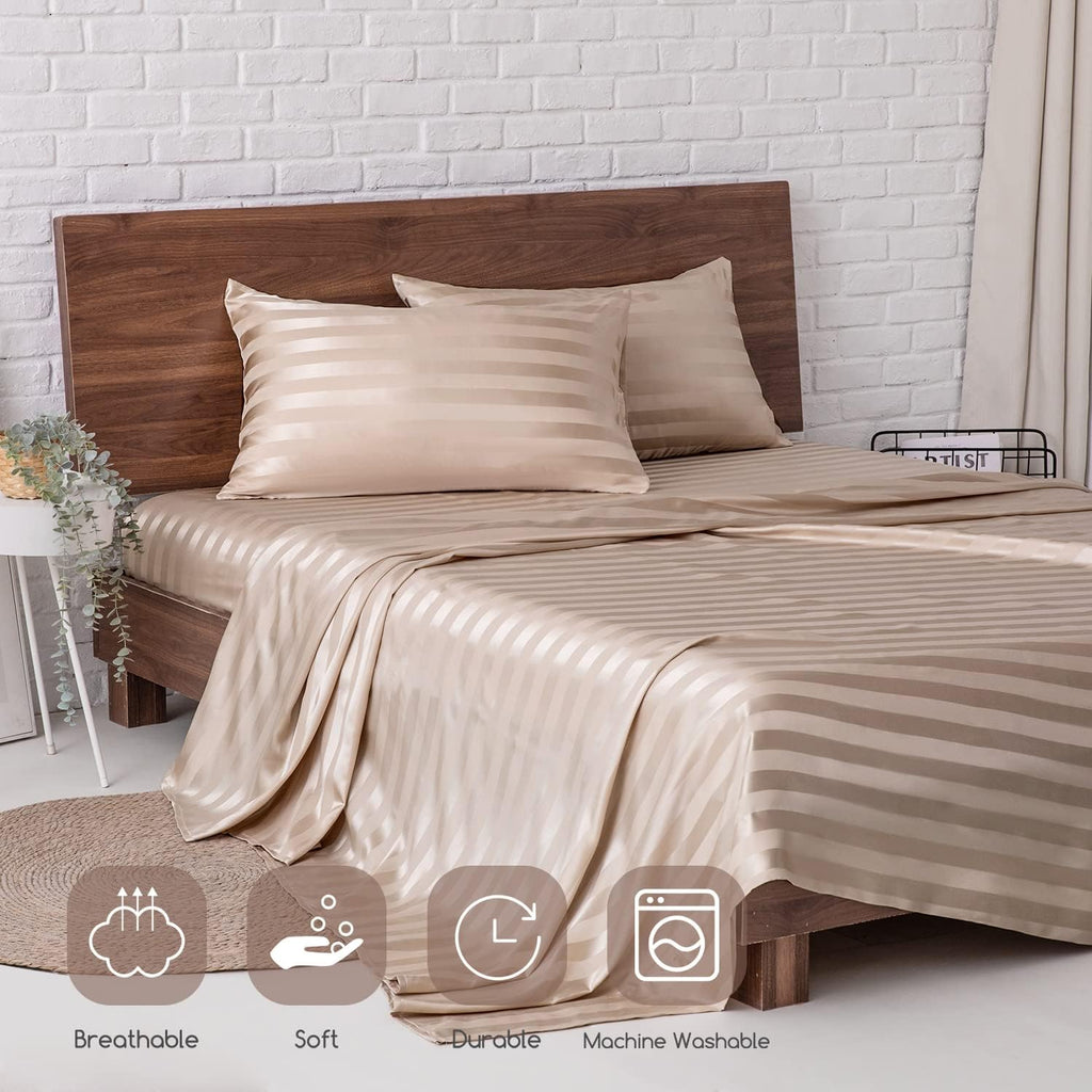 MR&HM Satin Bed Sheets, Full Size Sheets Set, 4 Pcs Silky Bedding Set with 15 Inches Deep Pocket for Mattress (Full, Champagne Striped…
