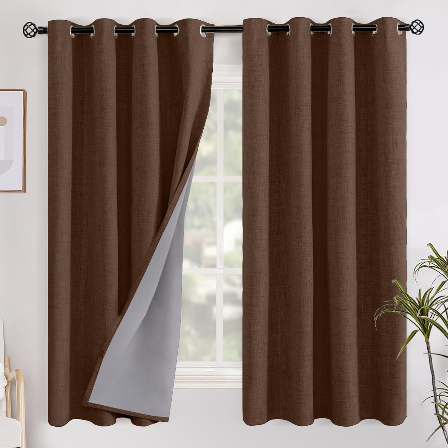 YoungsTex Dark Brown Linen Blackout Curtains 63 Inch Length for Bedroom, Light Blocking Thermal Insulated Drapes with Grommet Room Darkenin…